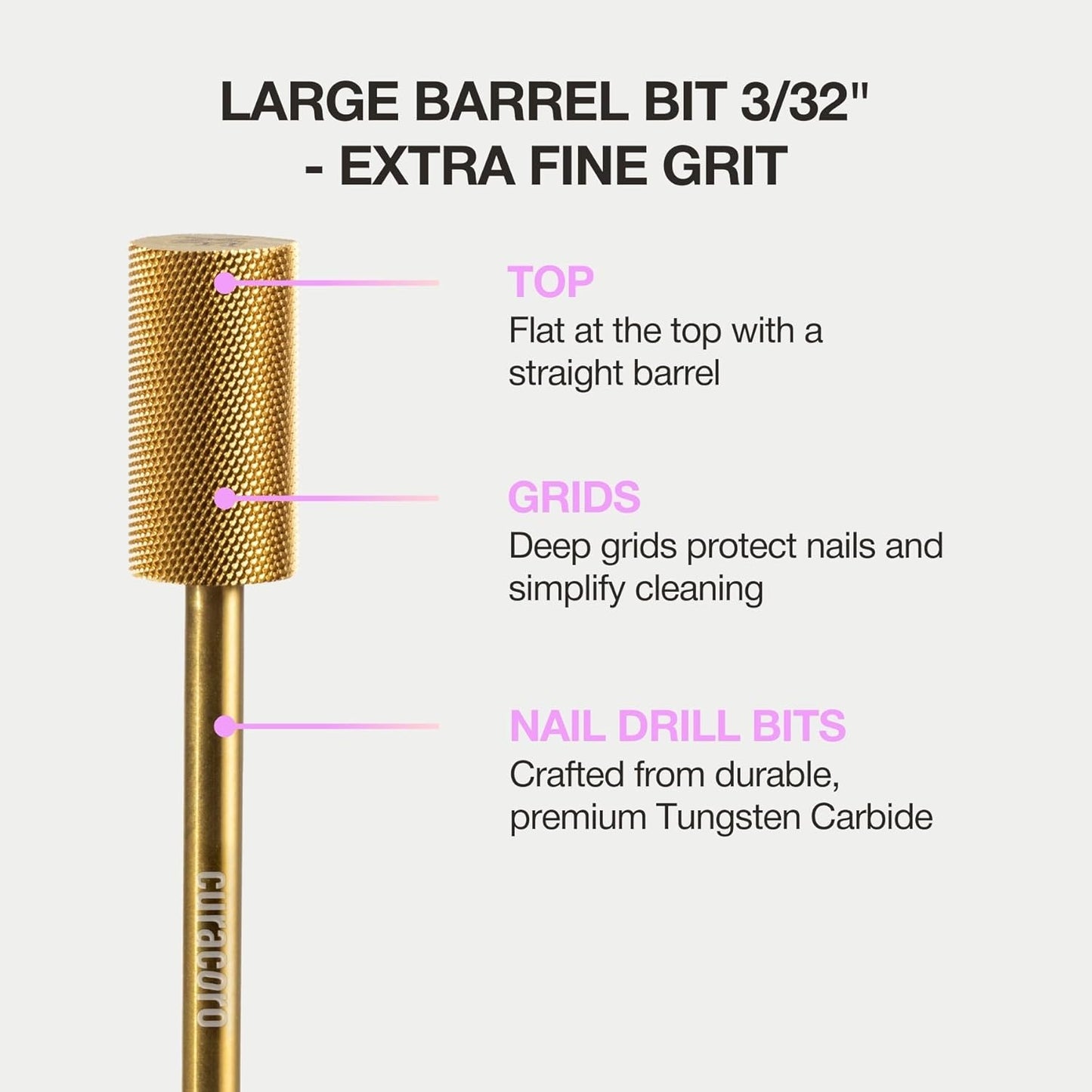 Curacoro Nail Drill Bits 3/32'' - Safe Smooth Stop Large Barrel Carbide Bit (Extra Fine) for Flawless, High-Shine Finish, Refine & Perfect Nail Enhancements, Nail Art Pedicure Manicure Salon & Home