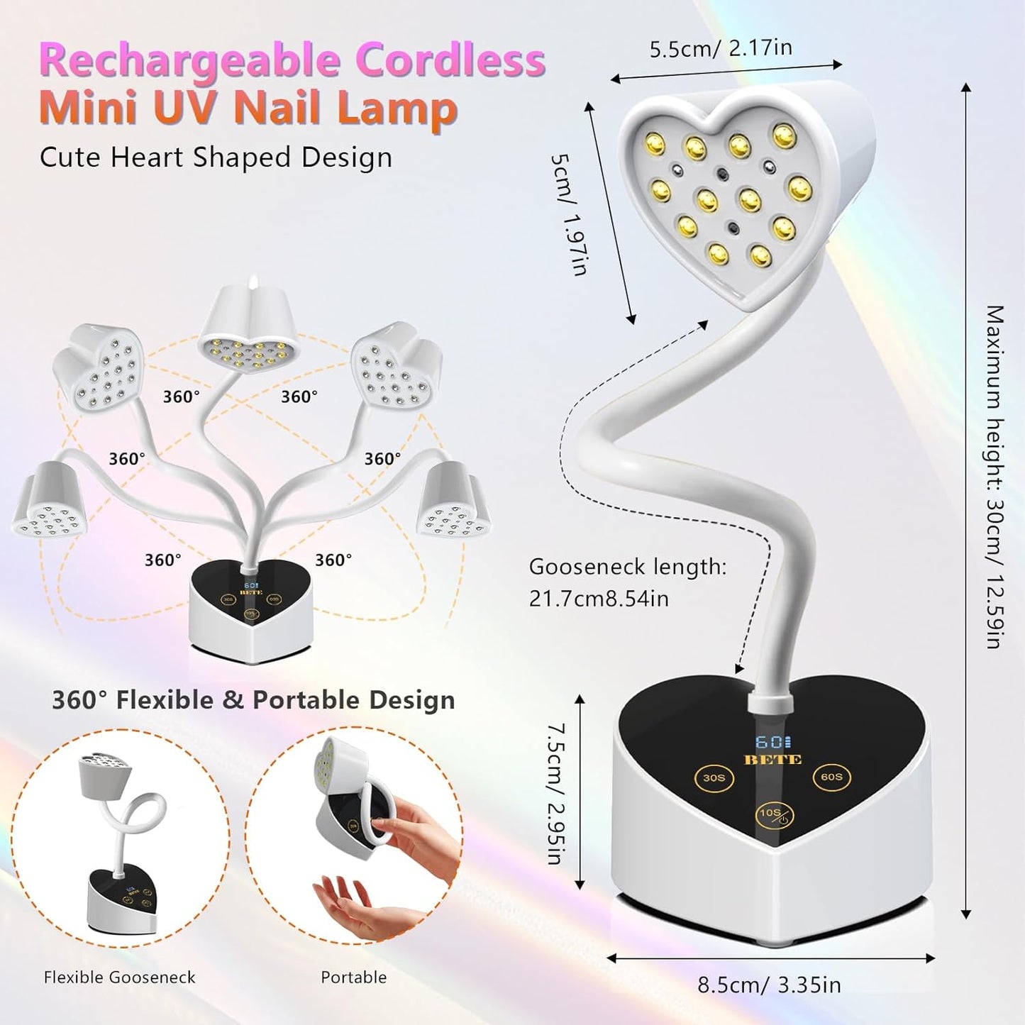 BETE Mini UV Nail Lamp Flash Cure Gel Nail Polish, 360° Foldable Gooseneck UV LED Nail Lamp with Smart Sensor, USB Portable Cordless 30W Rechargeable Nail Dryer with 3 Timers for Salon Home DIY