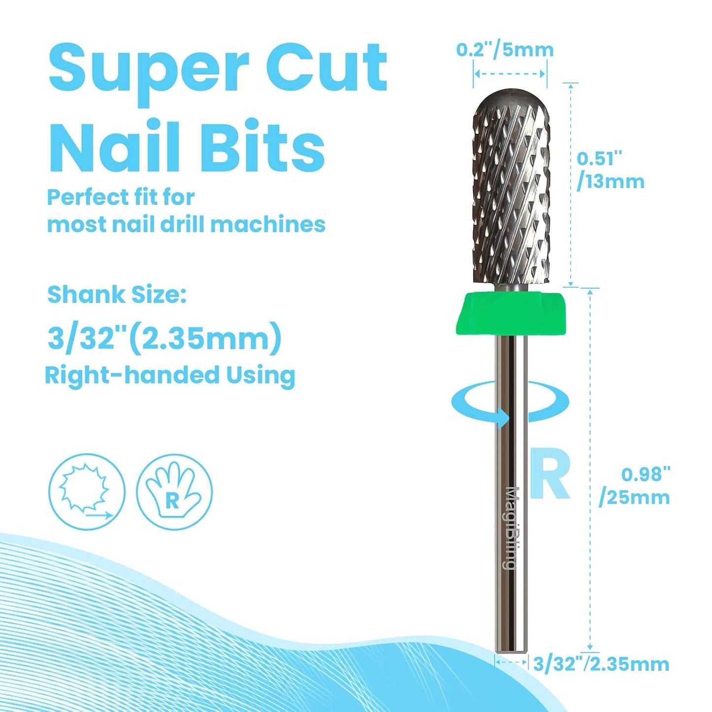 Super Cut Small Barrel 3/32'' Safety Tungsten Nail Drill Bits, Remove Gel Fast, Right handed, Suitable for Manicure Pedicure Cuticle Gel Polishing, Classic Round Top Bits, Grit: Coarse.