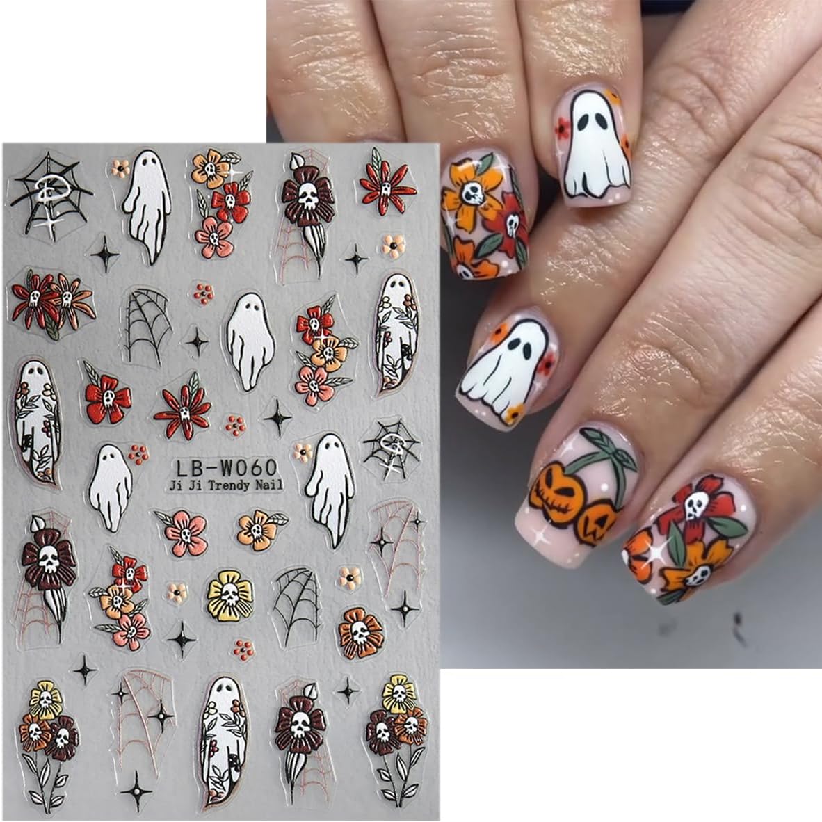 5 Sheets Halloween Nail Art Stickers Horror Skull Flower Nail Stickers Scary Embossed Ghost Spider Web Nail Decals 5D Self-Adhesive Strawberry Spider Nail Decoration for Women Girls Nail Designs