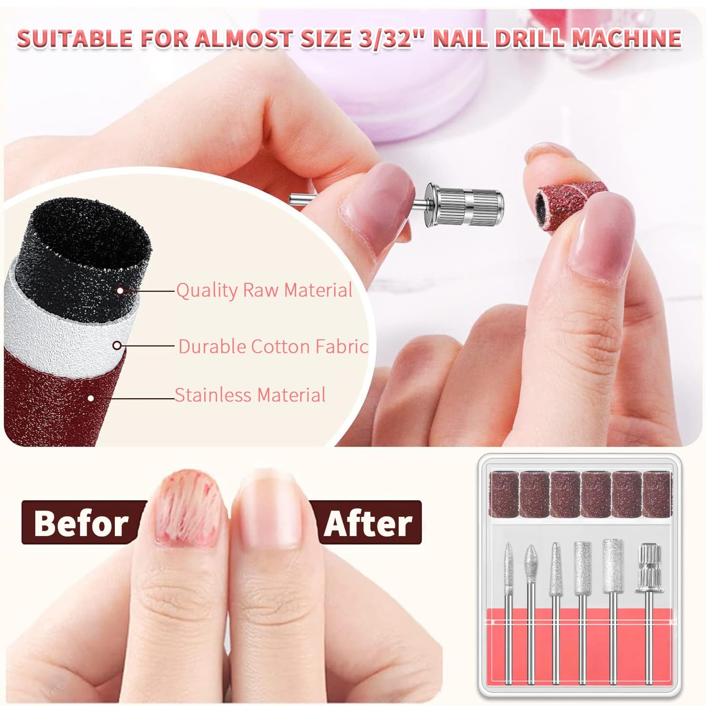 6 Pcs Nail Drill Bits Set,3/32'' Professional Nail Bits for Manicure Pedicure