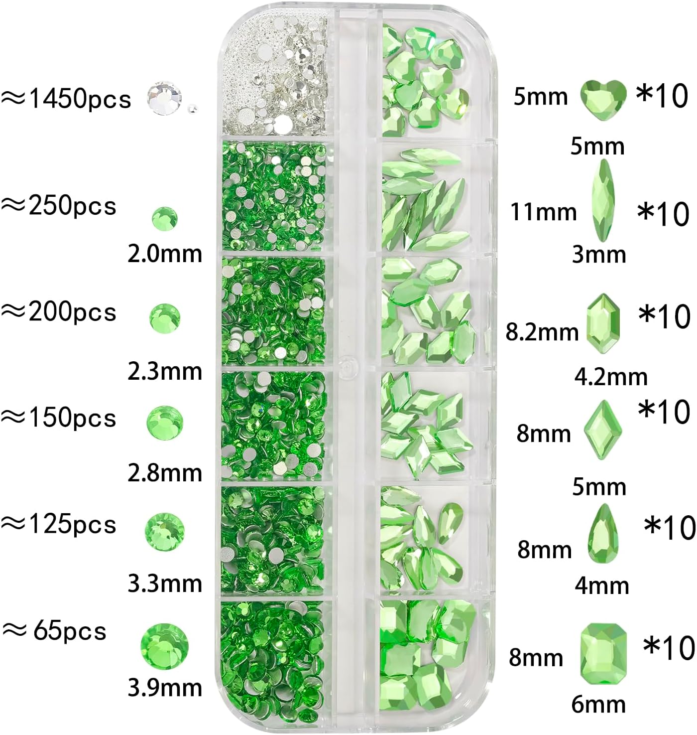 Multi Shapes Light Green 3D Glass Crystal Nail Rhinestones Kit Mix 0.8mm Silver Nail Round Beads Charm Flatback Gems 5 Grids Flatback Rhinestones Stone Diamond for Manicure Makeup DIY Decoration