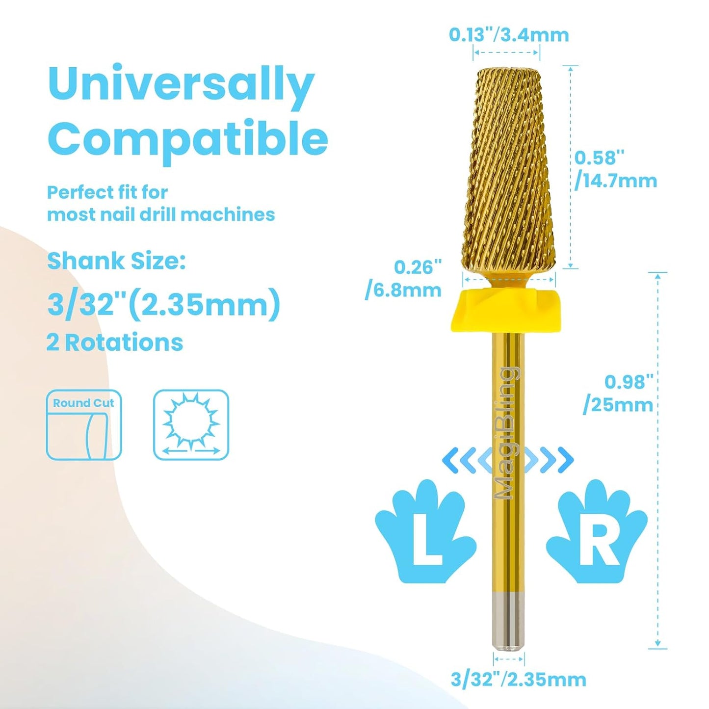 Professional 5 in 1 Tapered Nail Drill Bits, 3/32'' Safety Tungsten Carbide Bits, Remove Gel Fast Left & Right Hand Use, Easy for Beginner, Technicians Bits, Gold, Extra Fine.