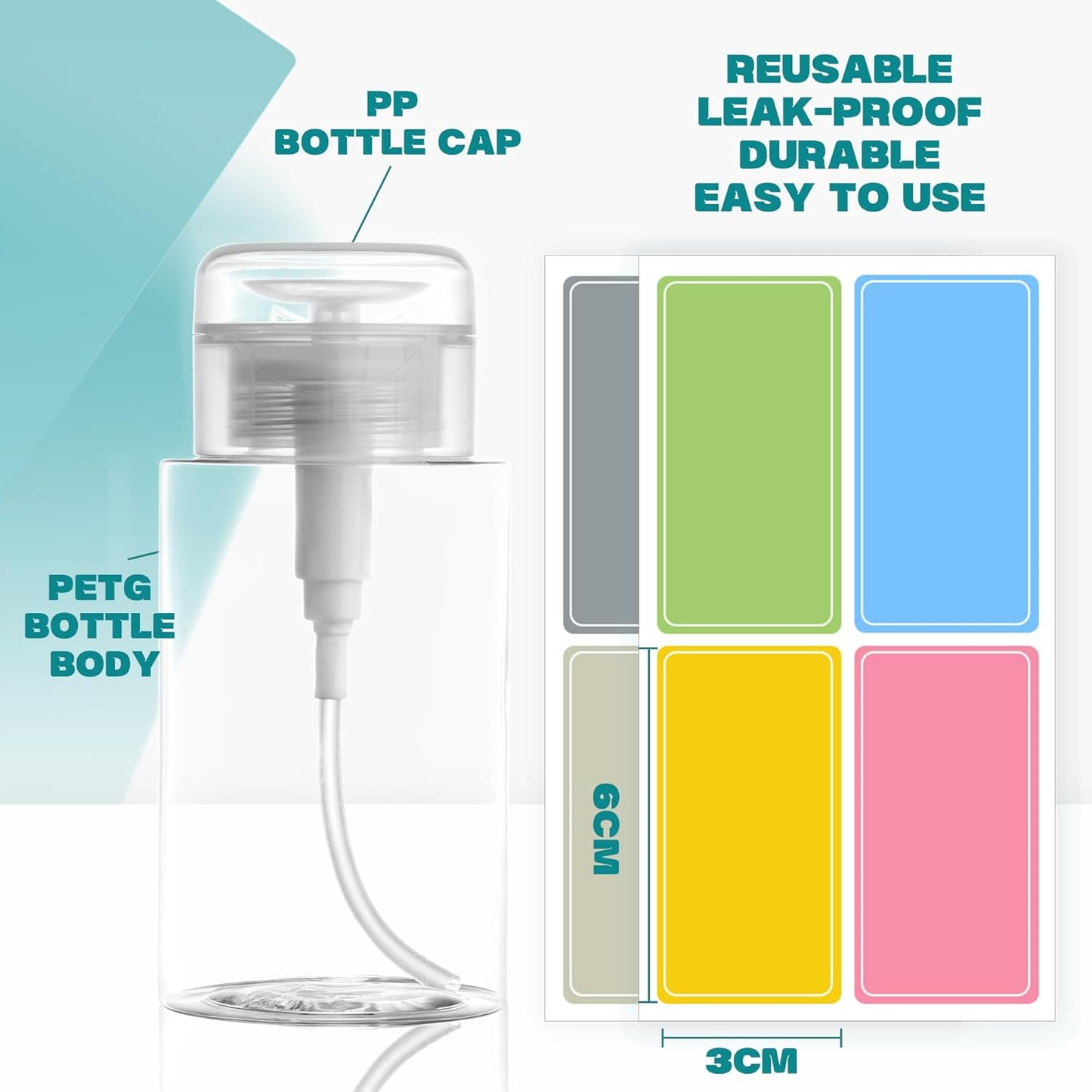 3 Pack Push Down Pump Dispenser,Clear Push Top Empty Bottles with DIY Stickers for Alcohol,Nail Polish,Makeup Remover,Toner (200ml)