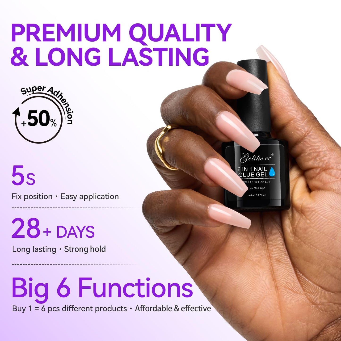 Gelike EC Gel Nail Glue UV Light: Nude 6 in 1 Adhesive Gel Nail Polish, Strong Nail Glue for Press On Nails Nails Acrylic Tips, Long Last - Nail Art Gift for Home Salon Beginner DIY