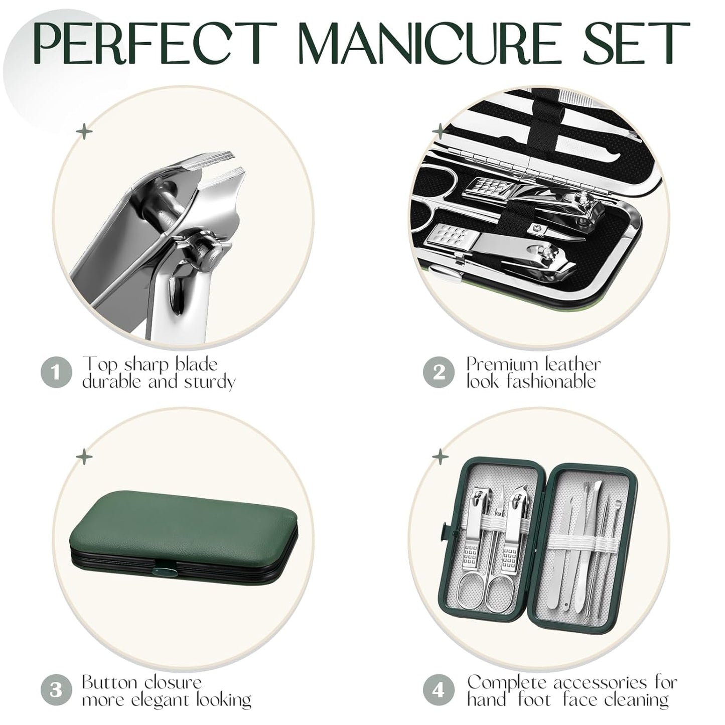 Geosar 12 Sets Manicure Set Nail Clippers Pedicure Kit 8 in 1 Grooming Stainless Steel Kits Nail Care Tools with Travel Case Xmas Gifts for Men Women(Green)