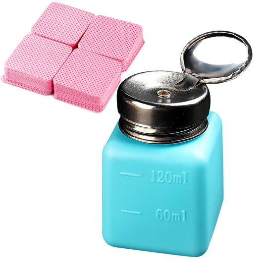 Pump Bottle Dispenser 120ml Nail Polish Remover Pump Metal Push Down Pump Dispenser 200Pcs Lint Free Nail Wipes Alcohol Dispenser Eye Makeup Remover Pump Push Down Empty Bottle -Blue