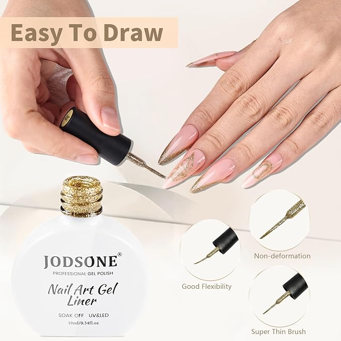 JODSONE 10ml Nail Art Gel Liner Glitter Gold Gel Nail polish Need U V Lamp Cured with Thin Brush at Home Salon Design Gift for Girls