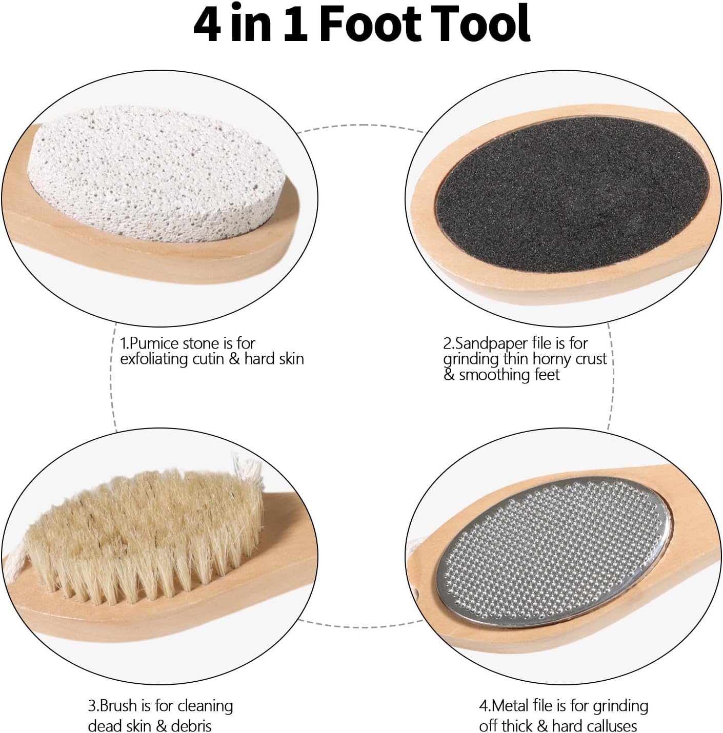 Pumice Stone Brush for Feet 4 in 1, Wooden Foot File Callus Remover, Foot Rasp and Sand Paper Pedicure Tools with Handle, Shower Foot Scrubber, Soft Smooth Feet for Home Foot Care