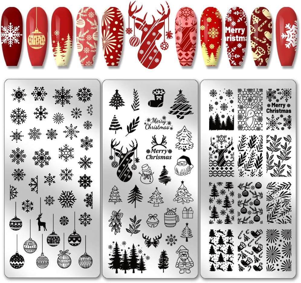PH PandaHall Christmas Nail Art Plates 3pcs Nail Stamping Plate Winter Snowflake Santa Tree Bell Snowman Image Plate Nails Art Design Stamp Kit for DIY Nails Art Templates Reusable Template Design