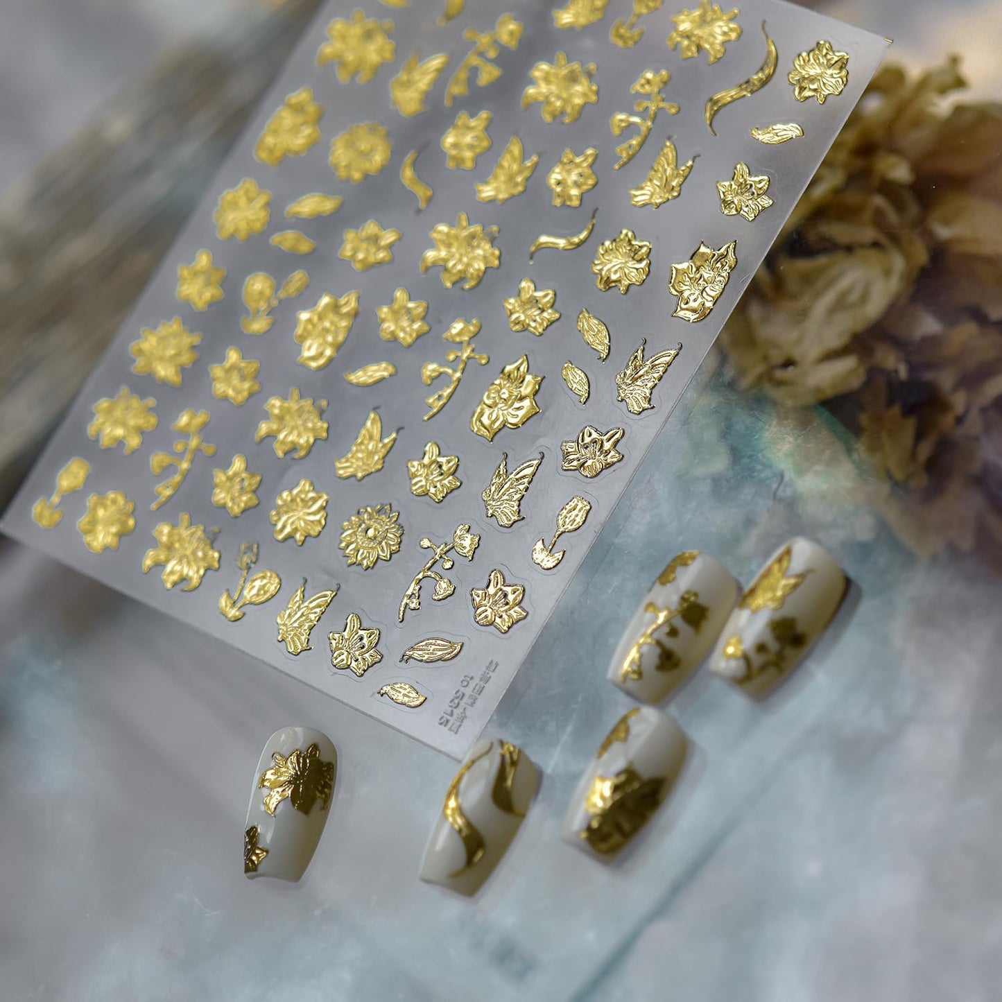 1 Sheets 5D Embossed Fall Nail Stickers for Nail Art Self-Adhesive Gold Flower Nail Art Stickers Gold Butterfly Autumn Leaves Nail Decals Floral Nail Design Sticker for Women Nails Decoration