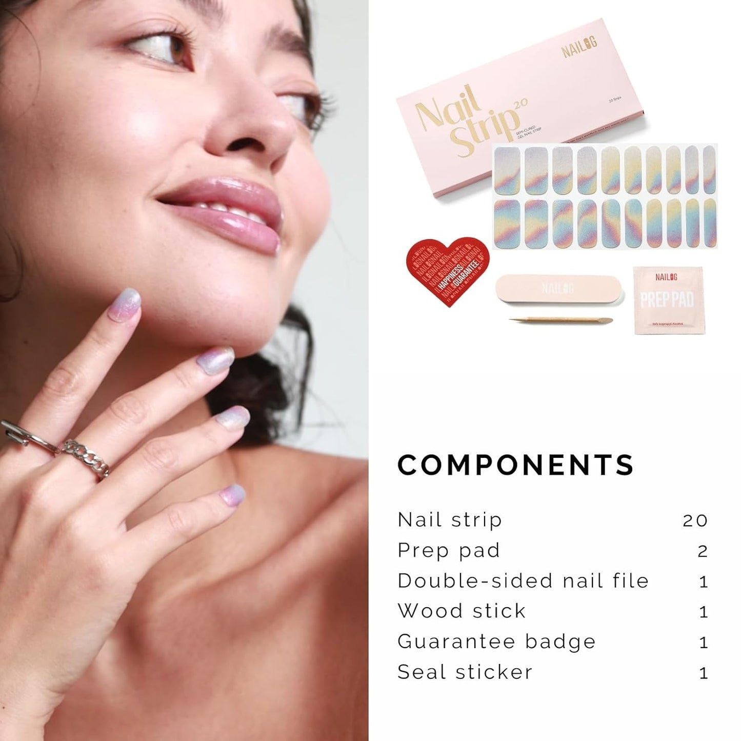 NAILOG Semi Cured Gel Nail Strips - 20 Pcs Gel Nail Stickers | Buy 2 Get 1 UV Lamp | Misty Glow