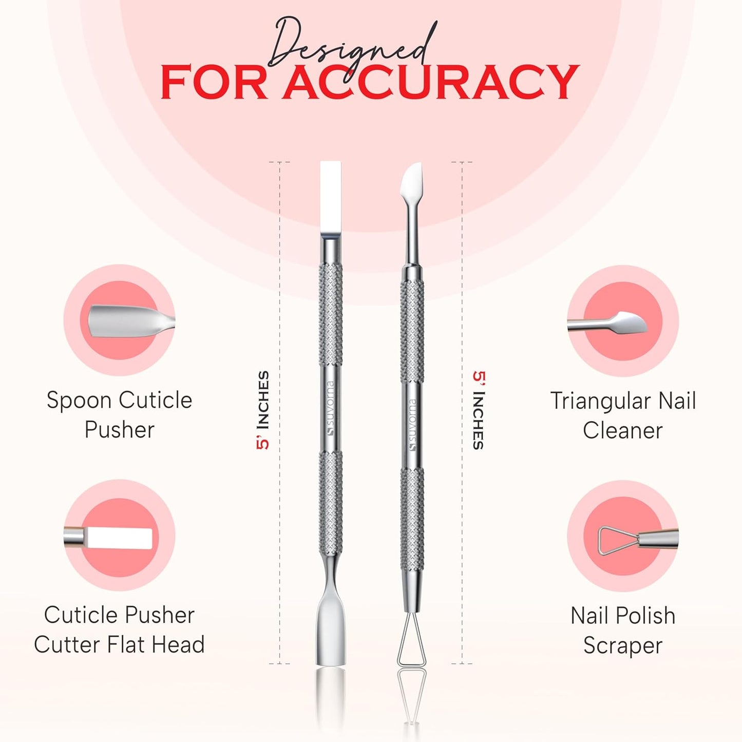 Suvorna Cuticle Nippers with Cuticle Pusher, Nail Scraper and Gel Remover – Professional Stainless Steel Cuticle Trimmer Set for Manicure - Cuticle Set for Fingernails and Dead Skin (Silver, 3 PCS)