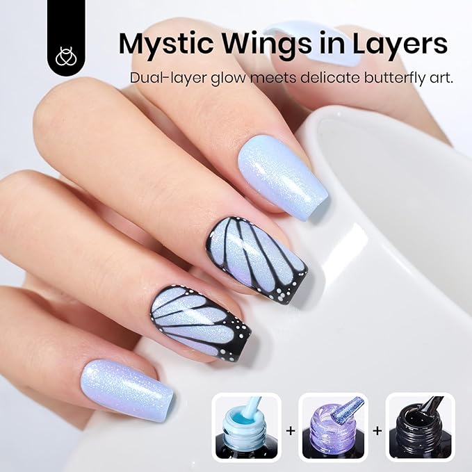 Beetles Gel Nail Polish Set - 2 Colors 15ml Baby Blue Sheer Glitter Purple Soak Off UV Light Blue Gel Polish Set Ethereal Dreams Nail Art Kit DIY Home