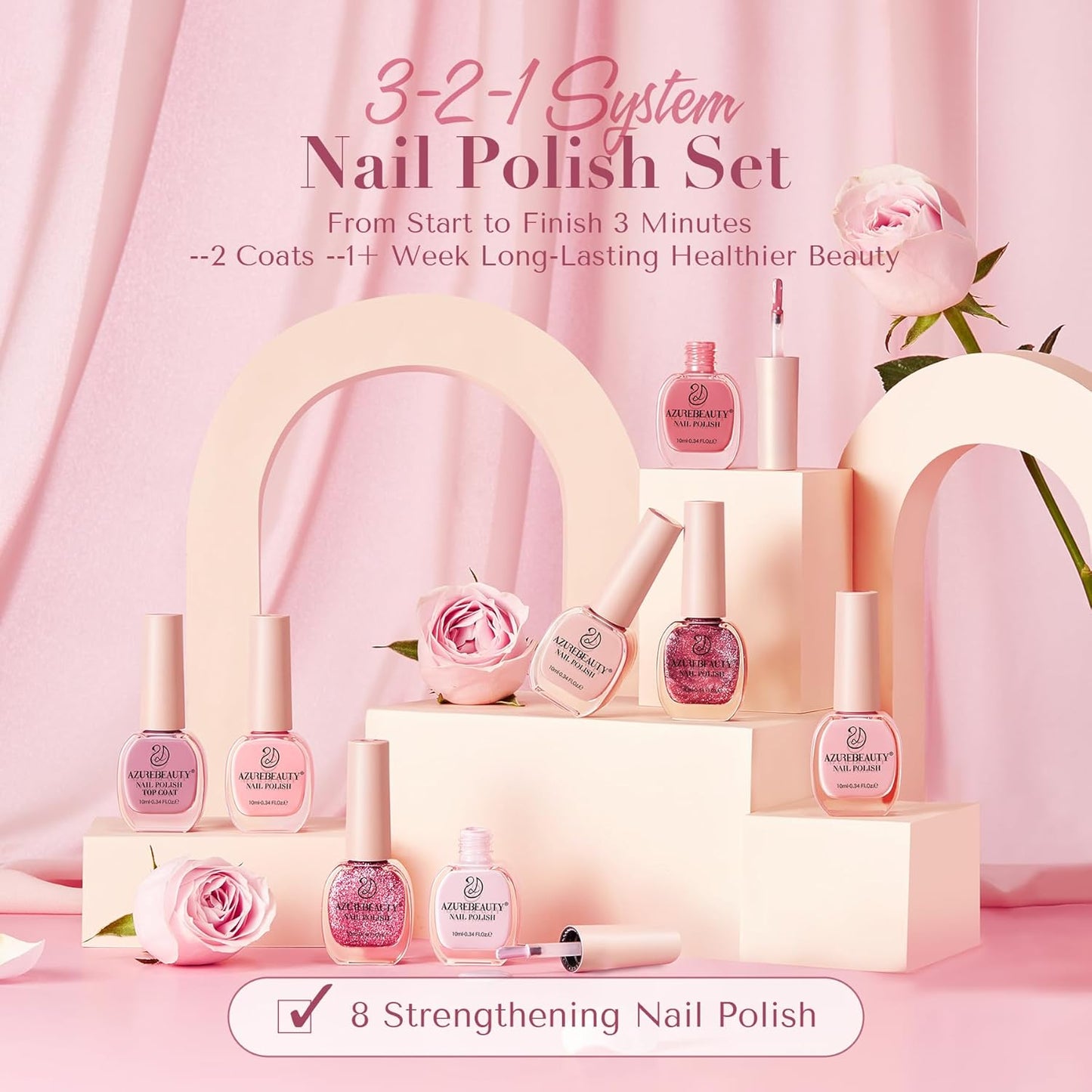 AZUREBEAUTY Pink Shades Nude Coral Champagne Glitter 8 Colors Nail Polish Set, Quick-Dry Perfect for Women Elegant Manicure Nail Art DIY Salon 10ml