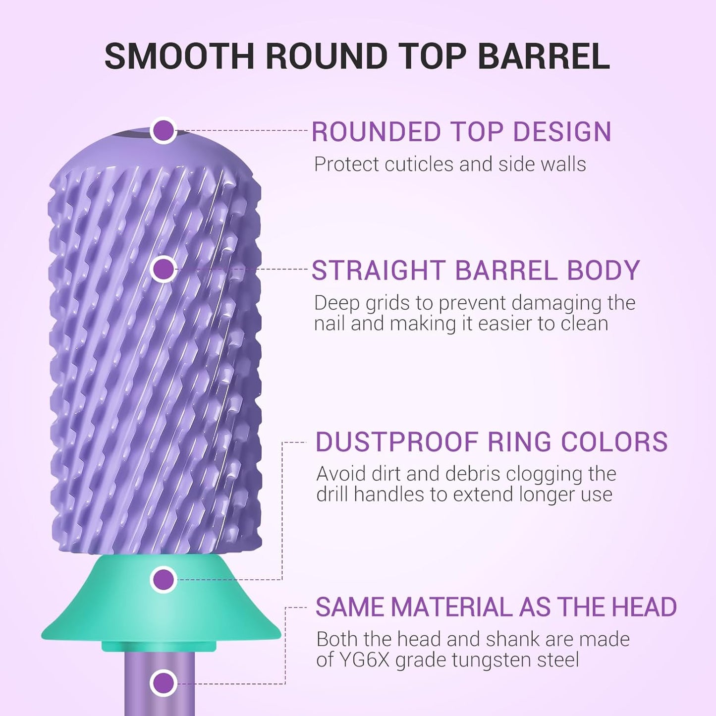 MelodySusie Safety Nail Drill Bits, 3/32'' Smooth Round Top Large Barrel Carbide Bits, Suitable for Manicure Pedicure Cuticle Gel Polishing, Beginners Bits, Purple, Series Bit-S, C