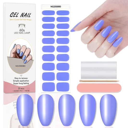 WOKOTO 20 Pcs Sky Blue Semi Cured Gel Nail Strips With Nail File & Wooden Stick, Solid Nail Polish Strips Gel Nail Stickers Full Nail Wraps For Women, Long Lasting Stick On Real Nail Polish Stickers