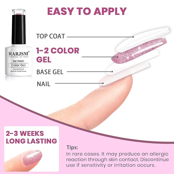 Diamond Gel Nail Polish, Neon Hot Pink Nailpolish, Reflective Shiny Gel Polish, Spring Summer Gelpolish Colors for DIY Nail Art Design UV LED Cure Required RAR90
