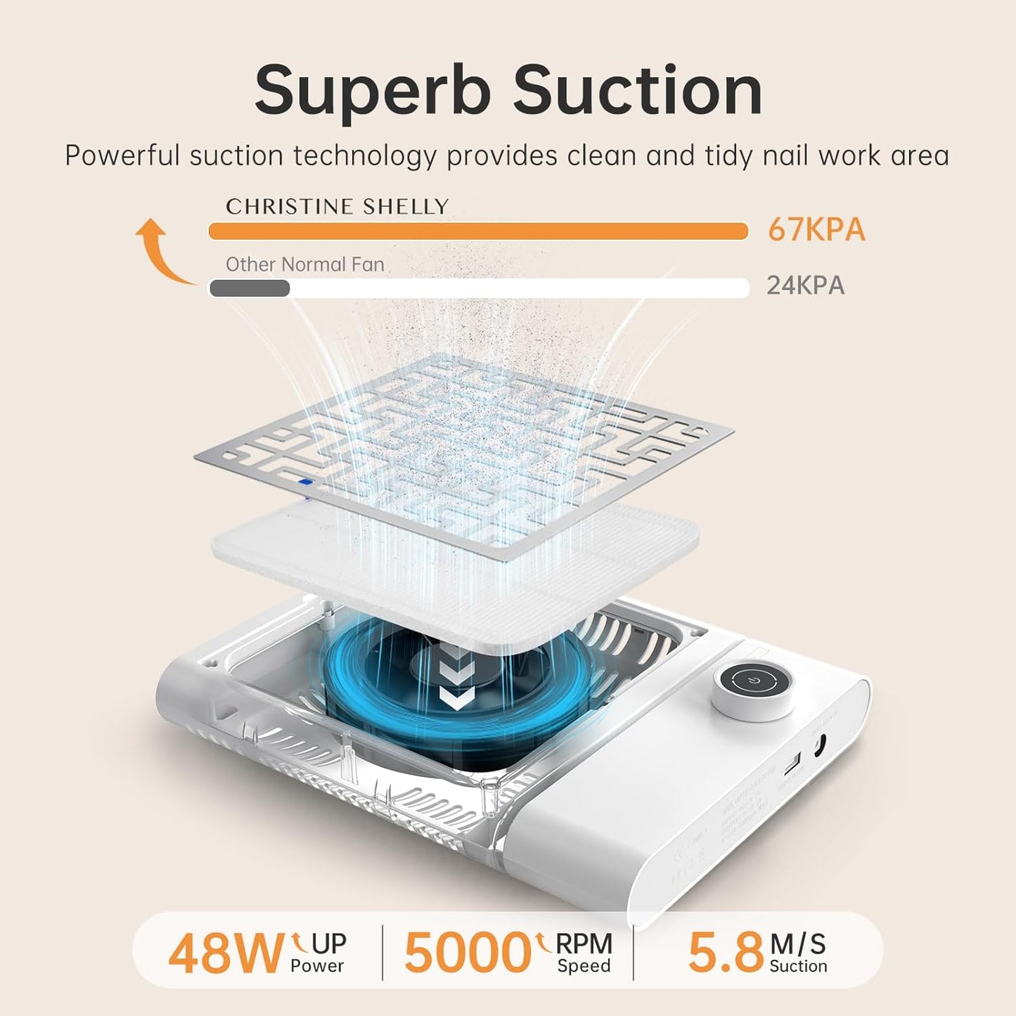 Nail Dust Collector, Bling Diamond Cordless Rechargeable 5000RPM Vacuum Nail Tech Fan Extractor, 12000mAh Professional Nail Duster Suction, Low Noise, Salon&Home