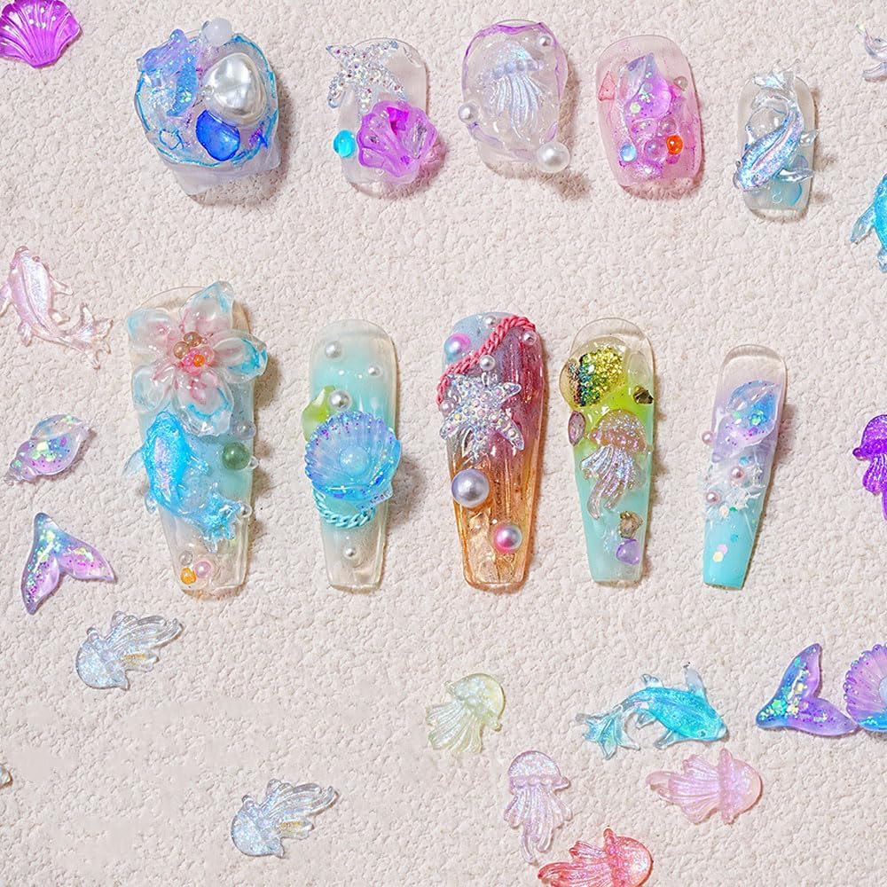150PCS Beach Nails Charms, Summer Ocean Series 3D Resin Nail Rhinestone Mixed Sea Shell Starfish Dolphin Fishtail Nail Gem for Women Girls Manicure DIY Crafts Accessories