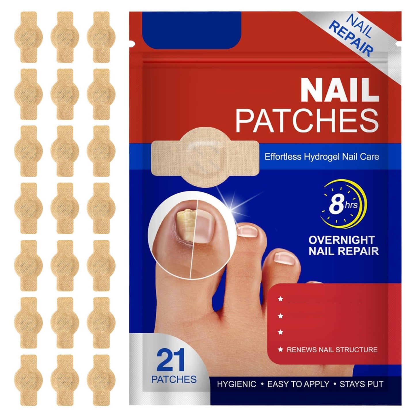 Toenail Repair Extra Strength,Nail Patches 21 PCS, Overnight Nail Fast Acting Repair Effortless Hydrogel Nail Care for Men and Women