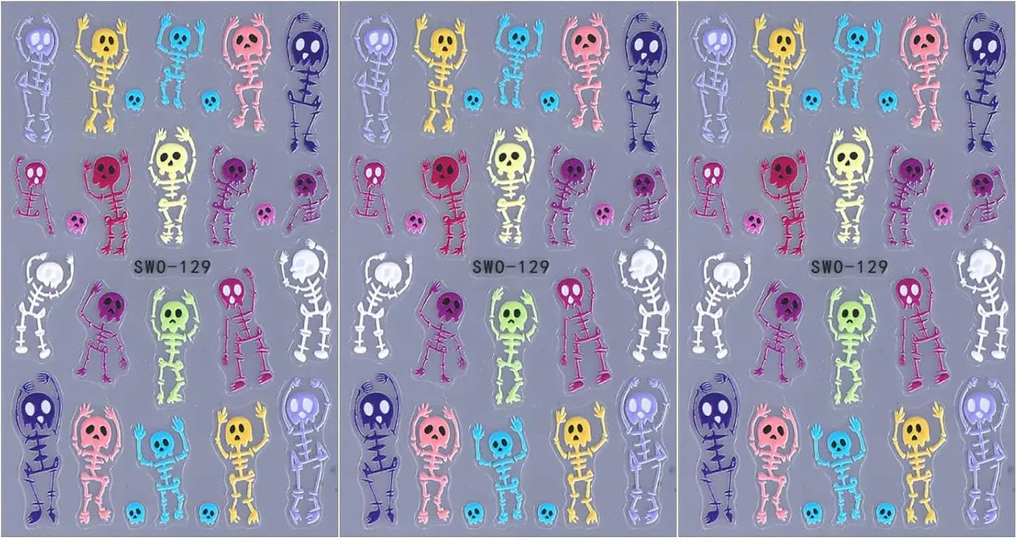3 Sheets Halloween Skeleton Man Nail Art Stickers 5D Embossed Colorful Skull Nail Decals Funny Skeleton Bone Self-Adhesive Sliders Halloween Nail Art Supplies for Women Acrylic Nail Art Decorations