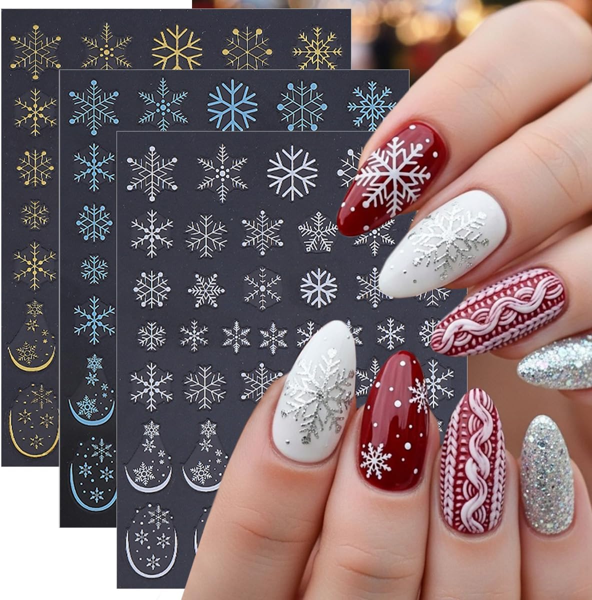 Christmas Nail Art Stickers 6 Pcs Snowflake Nail Stickers 3D Self-Adhesive Winter Nails Decals Blue Gold White Snowflake Nails Designs Stickers Holiday Nails Supplies for Women Xmas DIY Manicure Decor