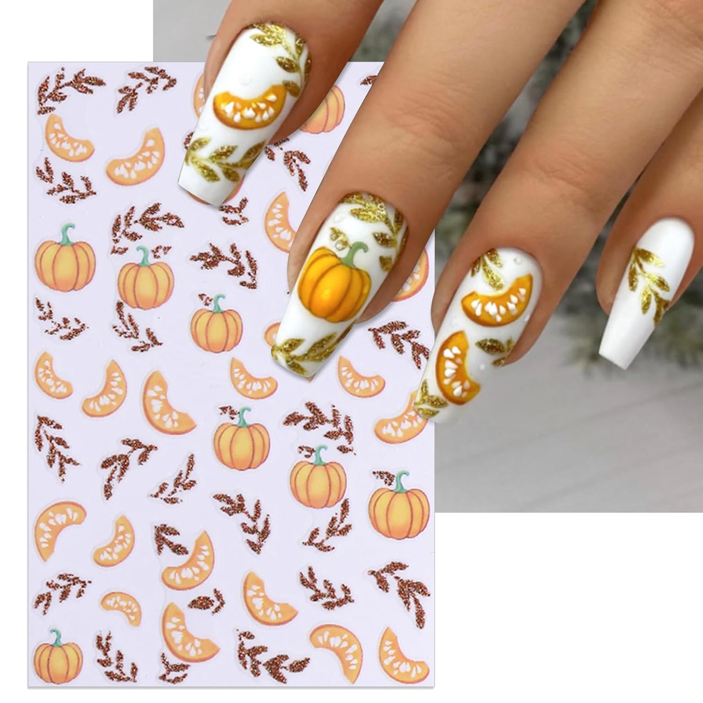 Fall Nail Stickers - Autumn Glitter Pumpkin Leaf Self-Adhesive 3D Nail Decals for Women Girls DIY Thanksgiving Day Manicure (5 Sheets)