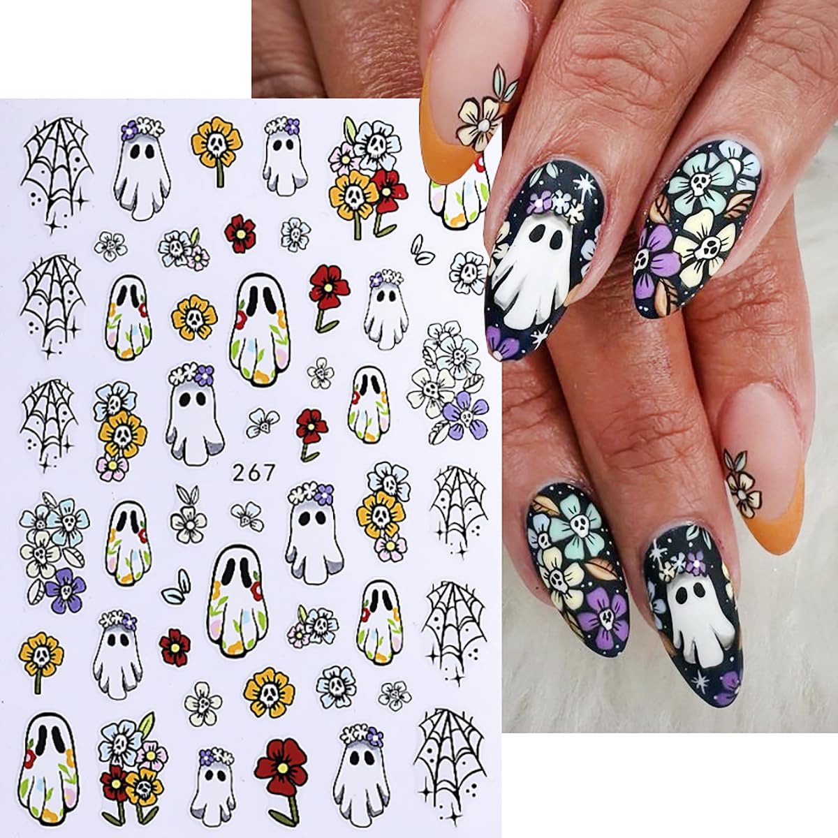 8 Sheets Halloween Nail Art Stickers Decals 3D Self-Adhesive Heart Spider Web Pumpkin Skull Flower Nail Decals Cute Ghost Nails Decorations Gothic Nail Stickers for Women Halloween Manicure Supplies