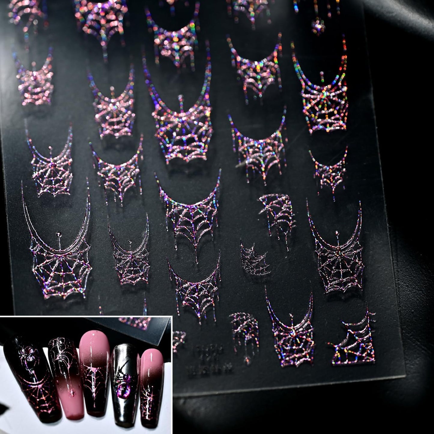 1 Sheets Halloween Nail Stickers for Nail Art 5D Self-Adhesive Embossed Pink Spider Web Nail Art Stickers Halloween Spider Web Nail Decals Glitter Nail Design Sticker for Women DIY Nails Decoration
