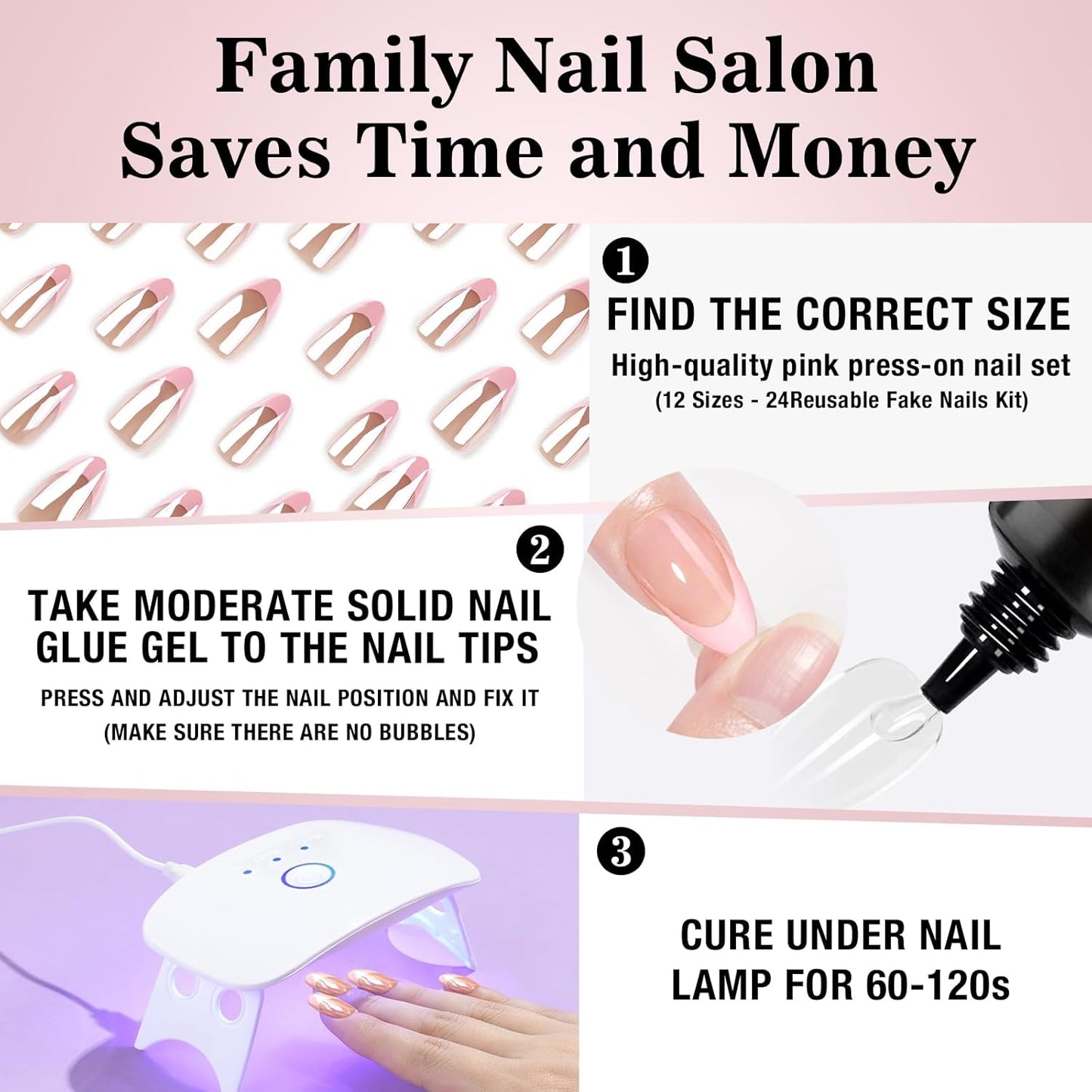 16-size Pink French Almond-Shaped Press-On Nails Kit with Portable 12W LED Nail Lamp, and Tool Set—Ultimate Combo for Enhanced Durability and Longevity.