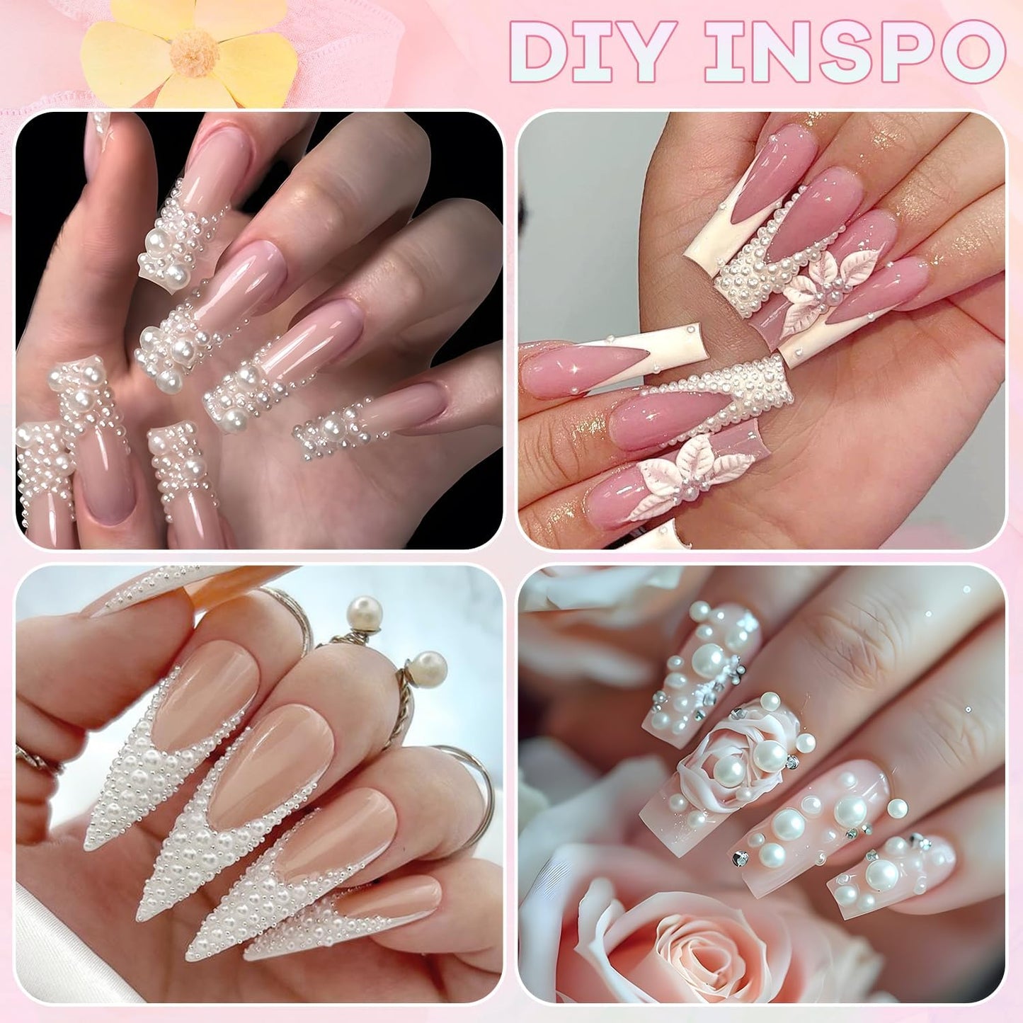 1 Box Nail Pearls Kit for Nail Art, White Pearl Nail Charms for Nails Design (Flatback+Round), Nail Charms and Gems for Acrylic Tips Manicure Decor with Pickup Pencil and Tweezers