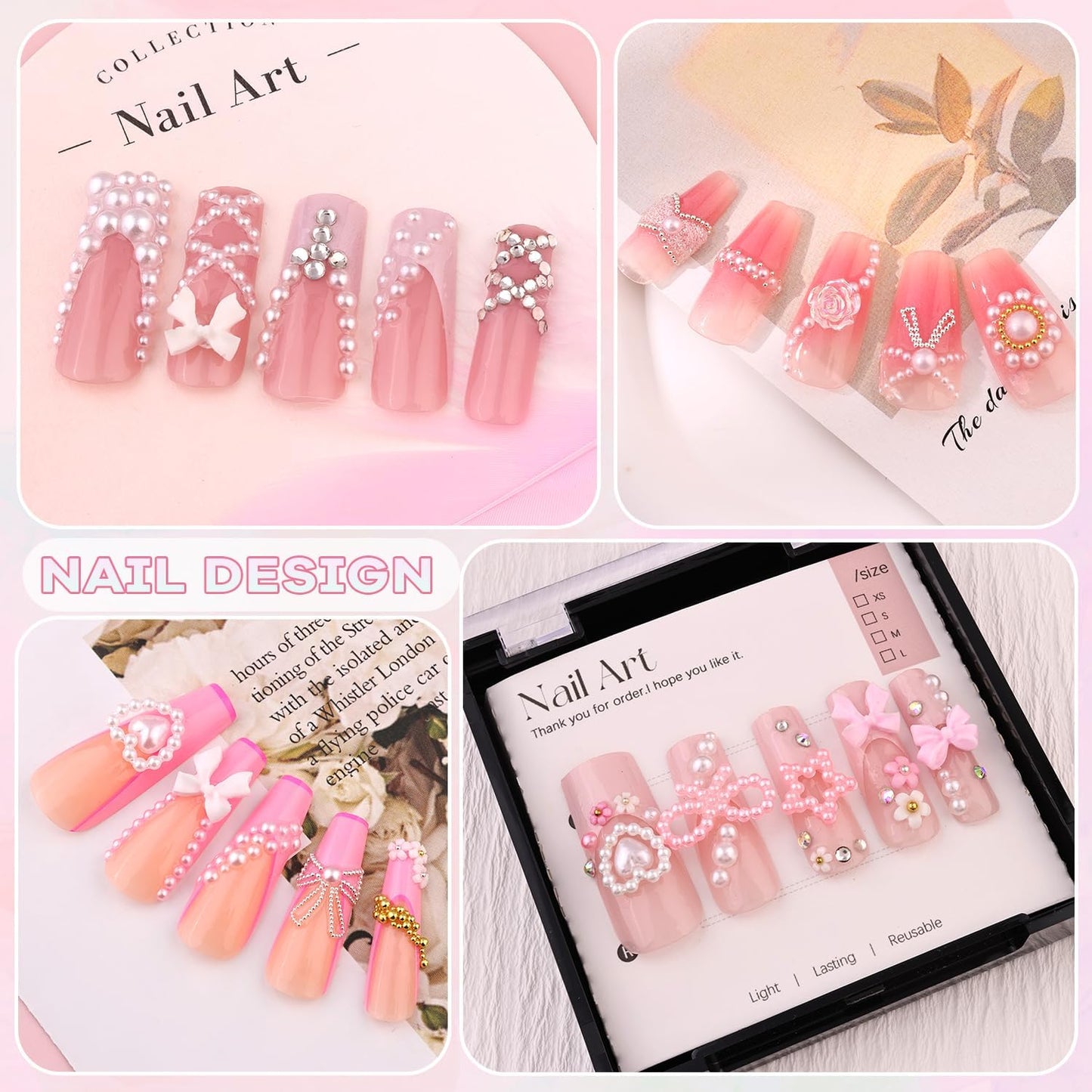 1 Box Nail Pearls Kit for Nail Art with Rhinestone Glue, White Pearl Nail Charms for Nails Design (Flatback+Round), Nail Charms and Gems for Manicure Decor with Pickup Pencil and Tweezers