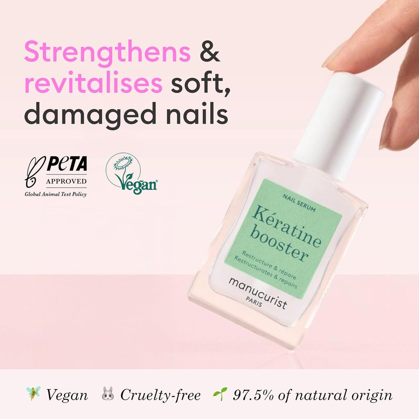 Manucurist Keratin Booster – Nail Strengthener for Damaged Nails – Nail Care with Plant-Based Keratin, AHAs, PHAs, MSM, Silicon, and Vitamin B8 – 97.5% Natural-Origin Ingredients