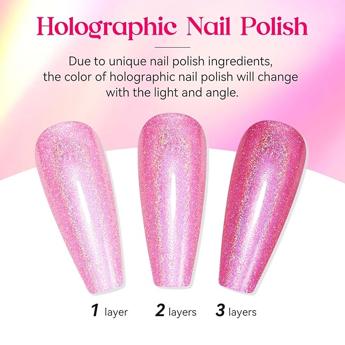 MIZHSE Holographic Nail Polish, Pink Glitter Nail Polish Air Dry Fast, 15 ml High Glossy Shimmer Nail Pigment Oil-based Laser Iridescent Nail Lacquer Chrome Halo Nail Art Salon Manicure Home
