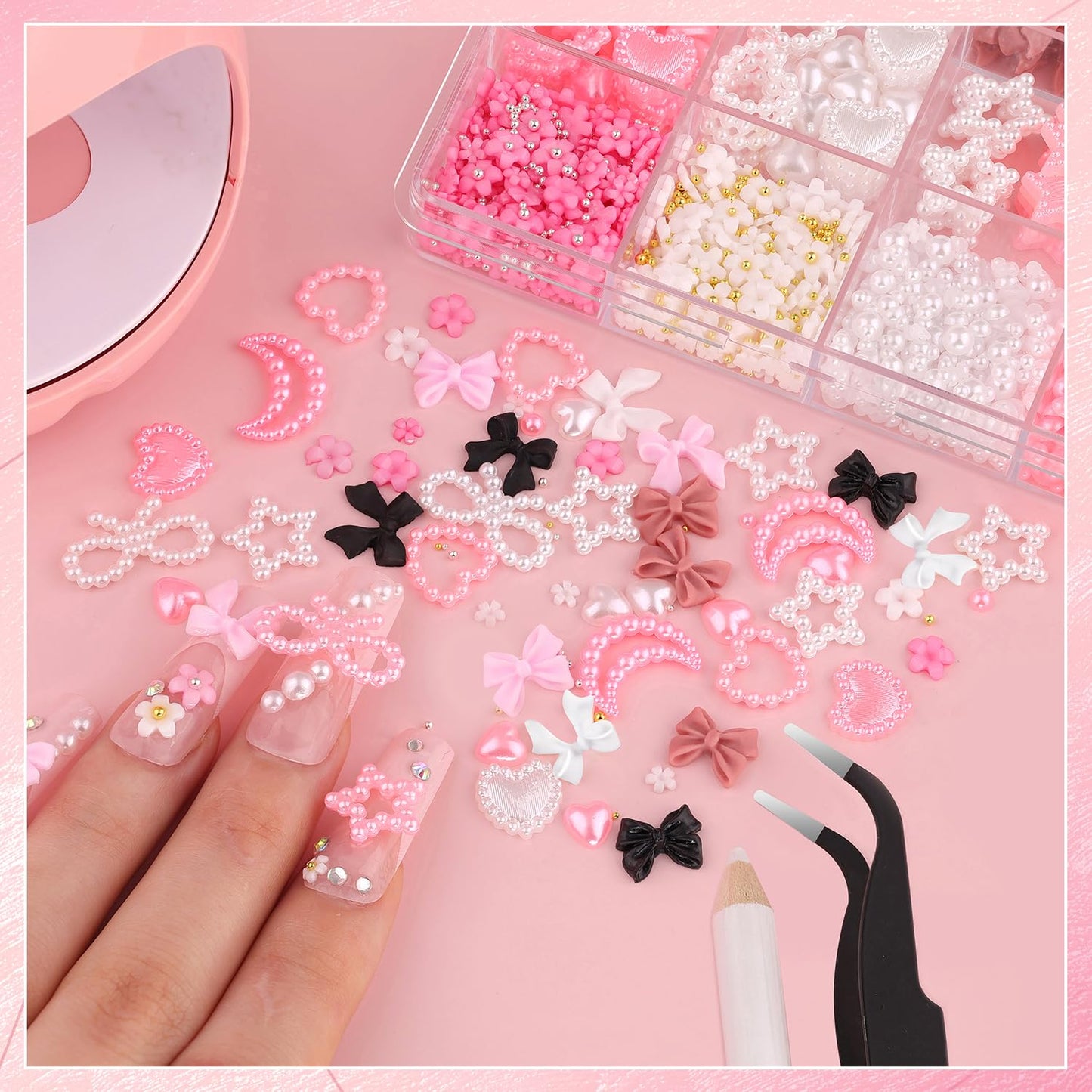 Chunky Nail Charms and Gems Set 1, Girly Coquette Nail Charms + Assorted Pearl Bows Heart Star Moon + Cute 3D Flowers for Nails + Pink & White Flatback Pearls with Pickup Tool for Kawaii Nail Design