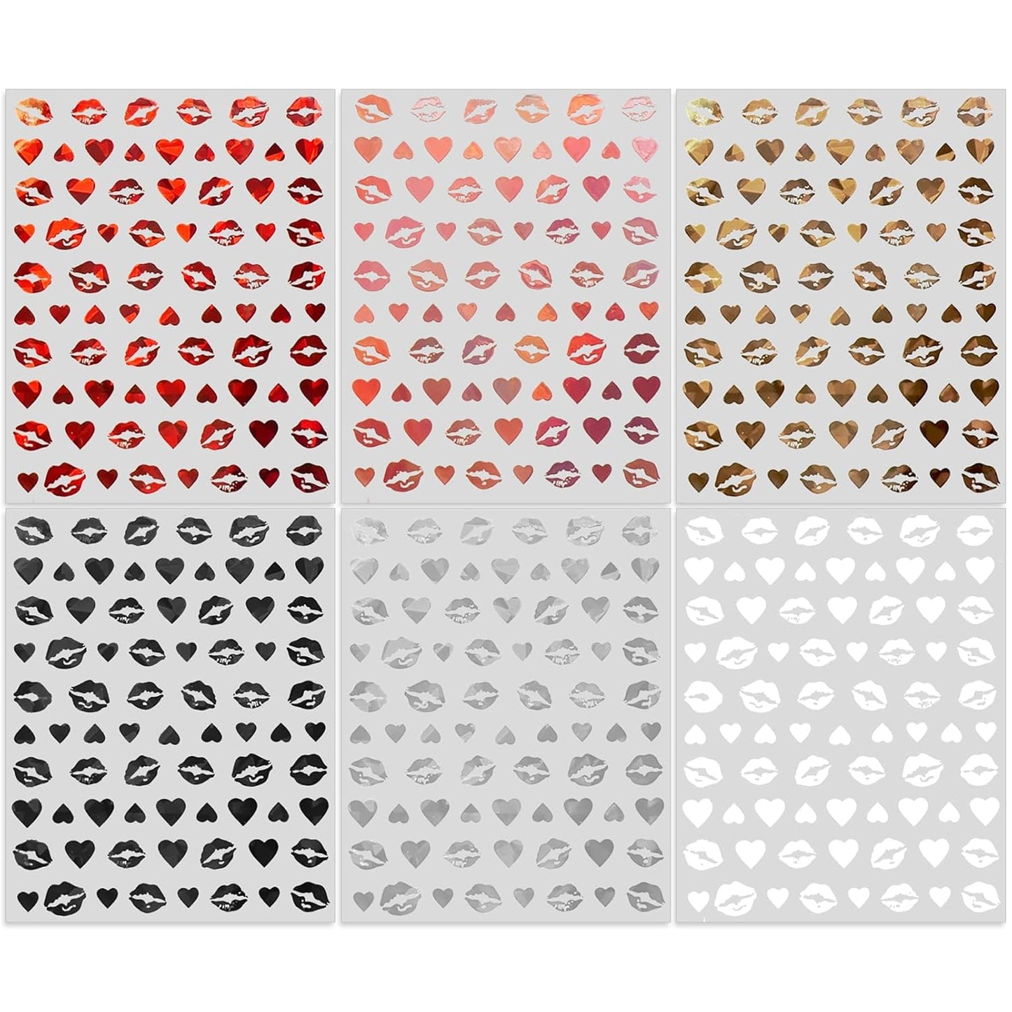 Valentine's Day Nail Art Stickers - Sexy Lip Nail Decals, Self-Adhesive 6 Color Black White Red Pink Kiss Heart for DIY 3D Nail Supplies Decoration (6 Sheets)