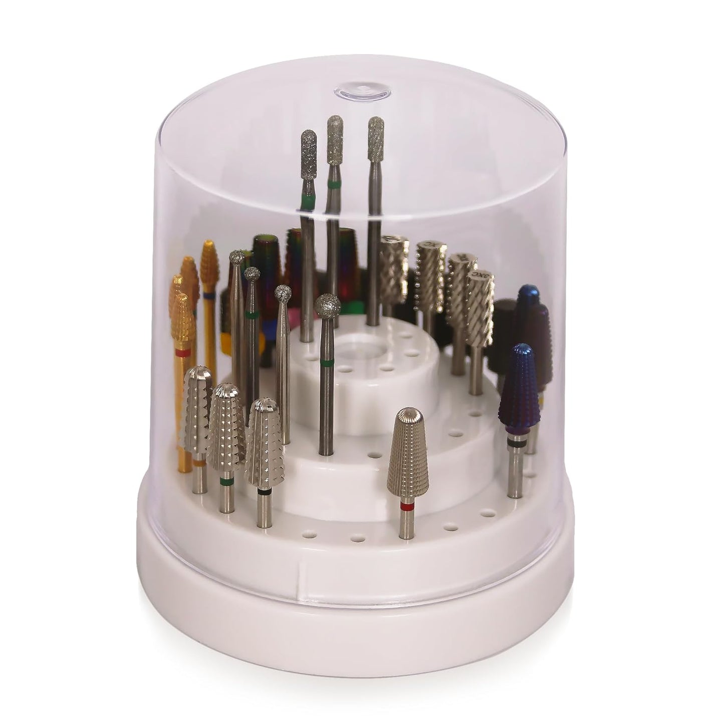 PANA Round Cake Tier Nail Drill Bit Holder Display Organizer Case - Dustproof Carbide Bit Storage Container Box For Manicure Tools Nail Salon - 48 Holes White (Drill Bits Not Included)