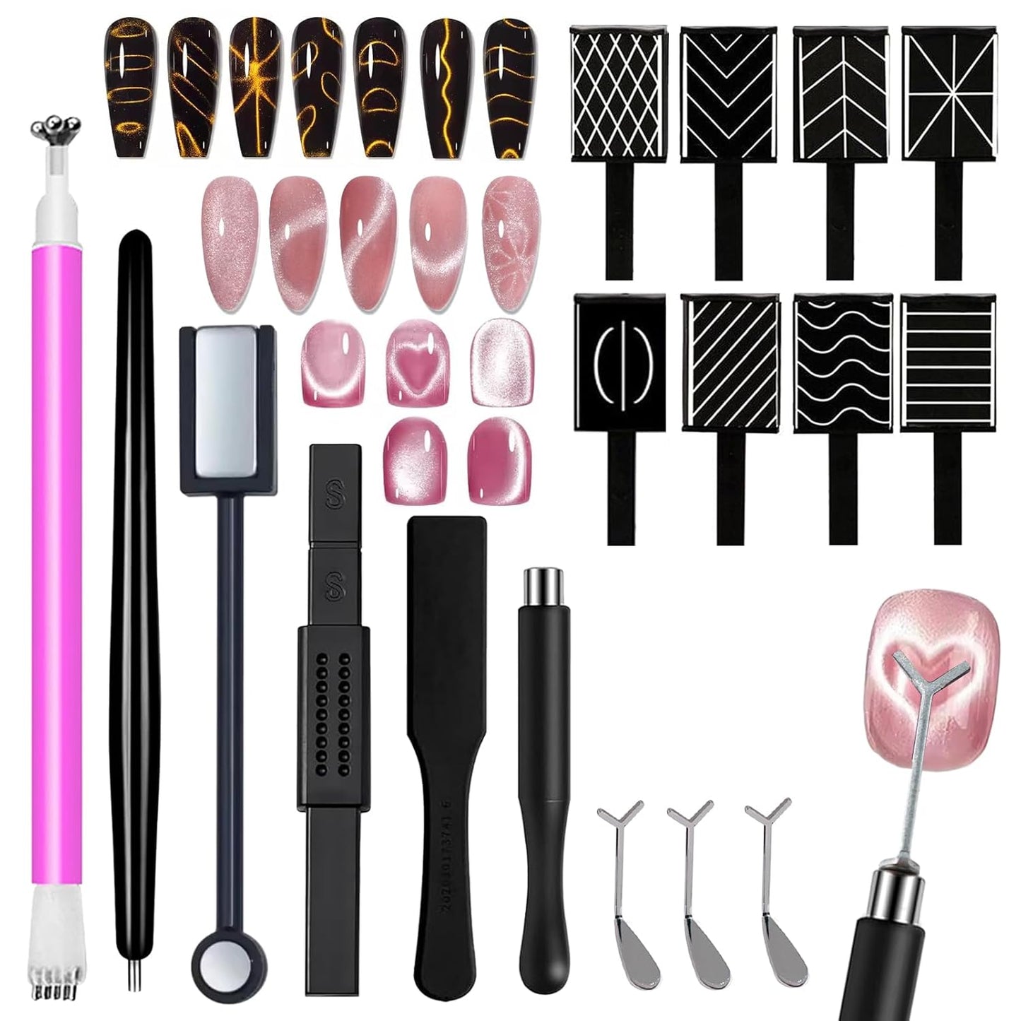 WOKOTO 14 Pcs Cat Eye Magnet For Nails With 3pcs Y-Shape Iron Mold Set, Cat Eye Gel Nail Polish Magnet Tools Powerful Set Wand Magnet, Magnetic Nail Polish Square Round Heart Magnet Stick For Nails
