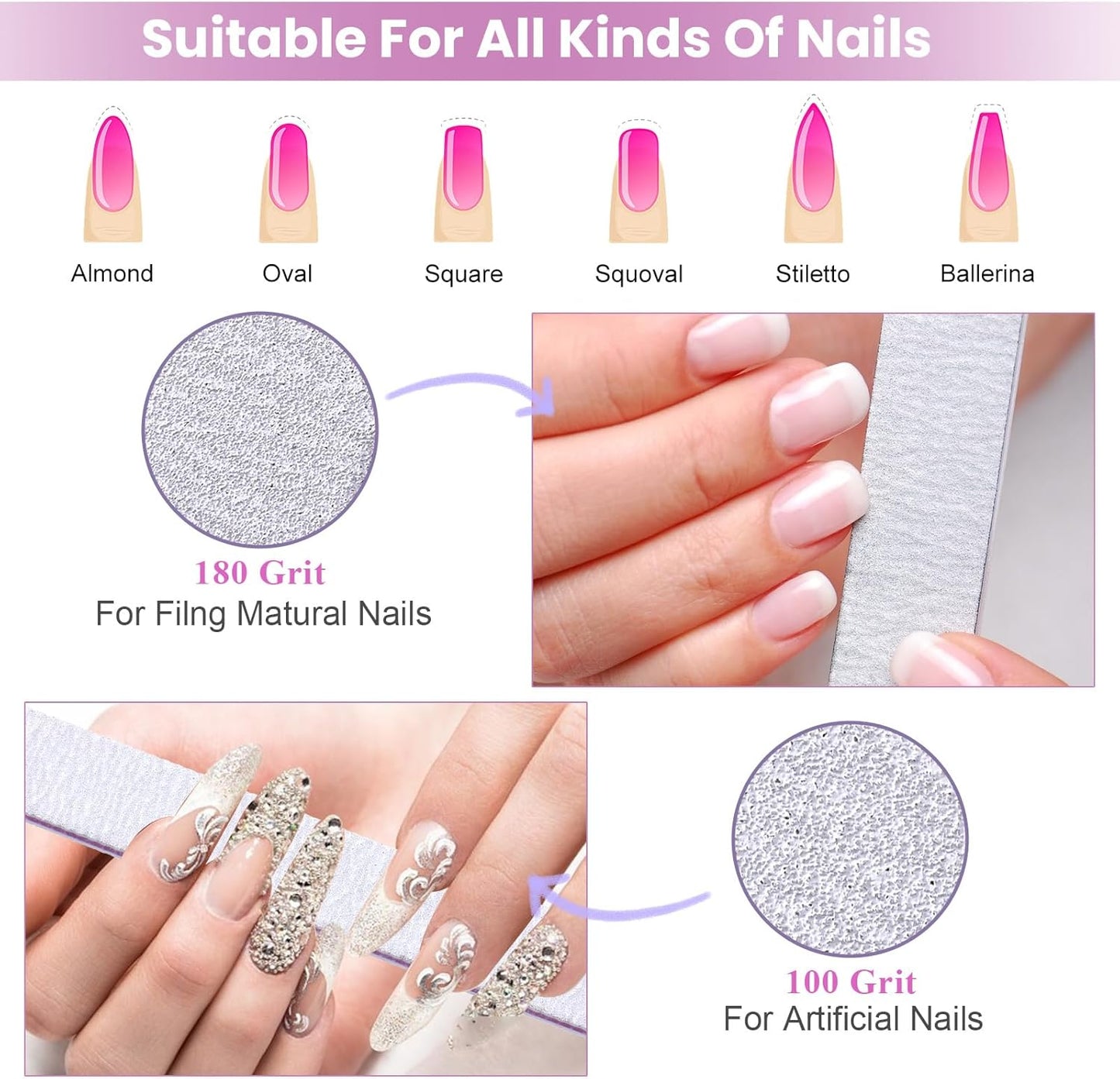 150 Pcs 100/180 Grit Nail Files, Double Sided Emery Boards, Washable Reusable Nail Buffers, Manicure Tools for Natural Acrylic Toenails Home and Salon Use