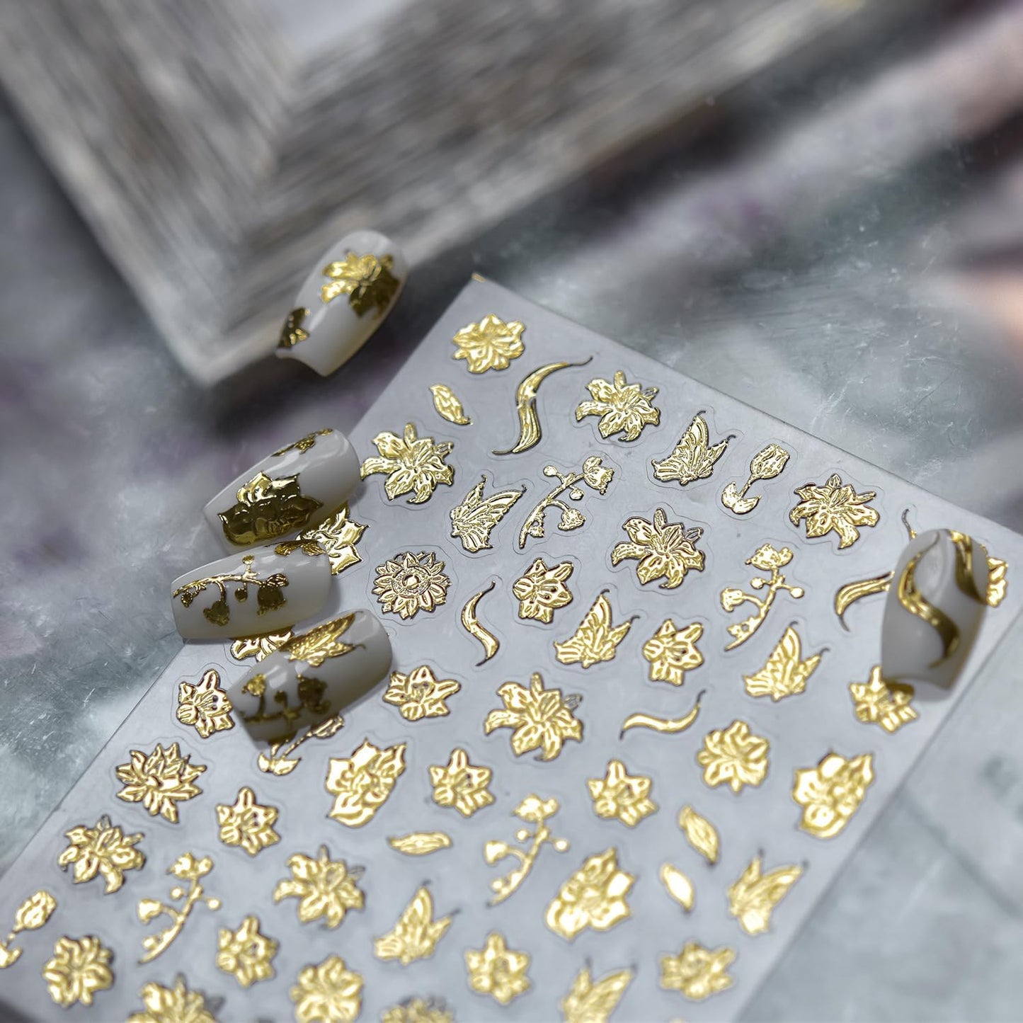 1 Sheets 5D Embossed Fall Nail Stickers for Nail Art Self-Adhesive Gold Flower Nail Art Stickers Gold Butterfly Autumn Leaves Nail Decals Floral Nail Design Sticker for Women Nails Decoration