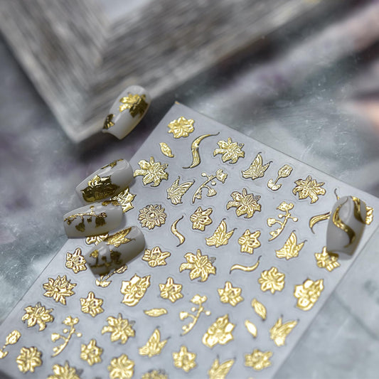 1 Sheets 5D Embossed Fall Nail Stickers for Nail Art Self-Adhesive Gold Flower Nail Art Stickers Gold Butterfly Autumn Leaves Nail Decals Floral Nail Design Sticker for Women Nails Decoration