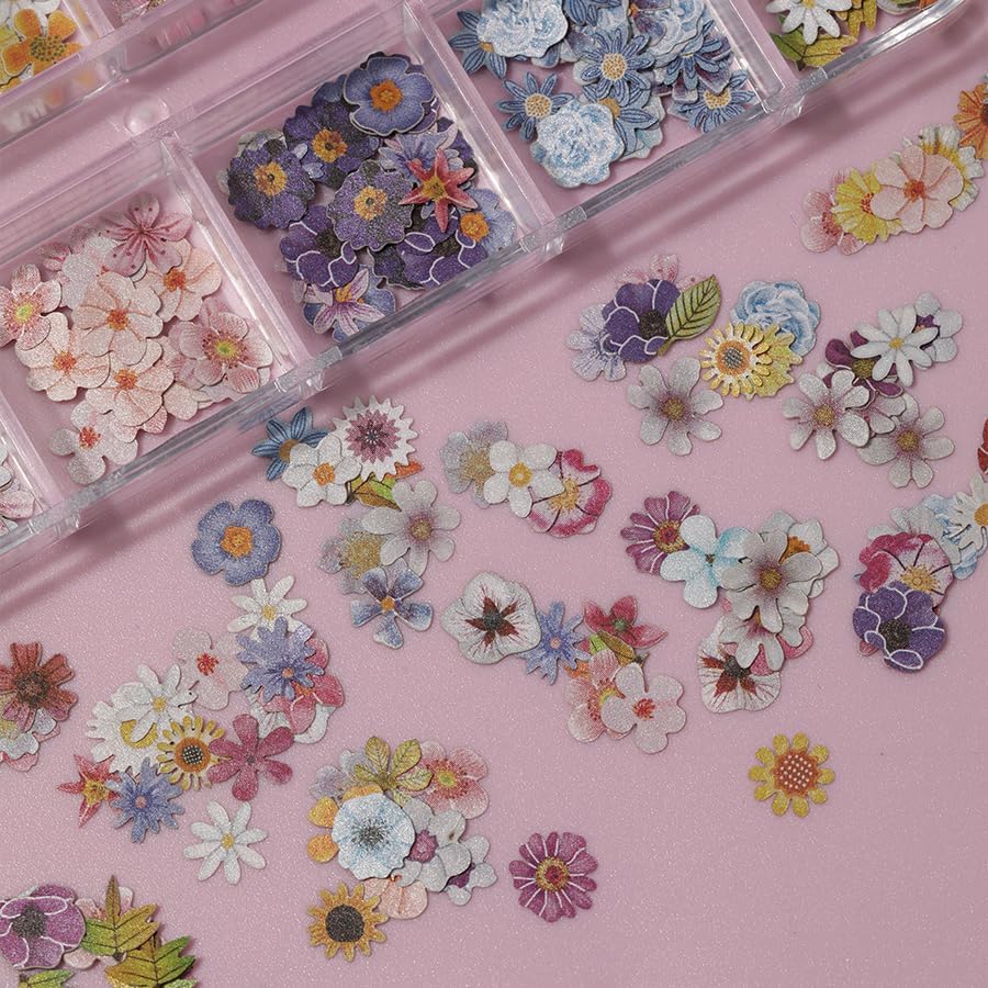 600Pcs 3D Flower Nail Art Charms Sequins Decals Colorful Mixed Daisies Flowers Leaves Design Slice Nail Flowers Ultra Wood Pulp Flakes Sequins 5