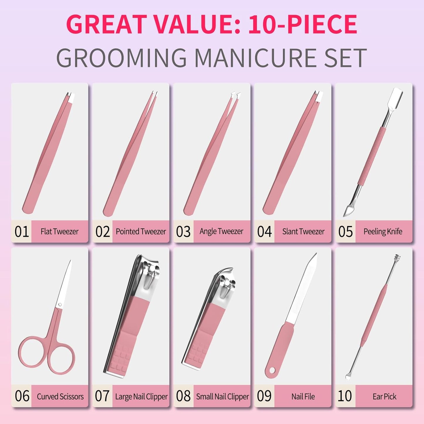 Manicure Set 10 in 1 Stainless Steel Nail Clippers Scissors Tweezers Grooming Kit with Travel Case (Pure Pink)