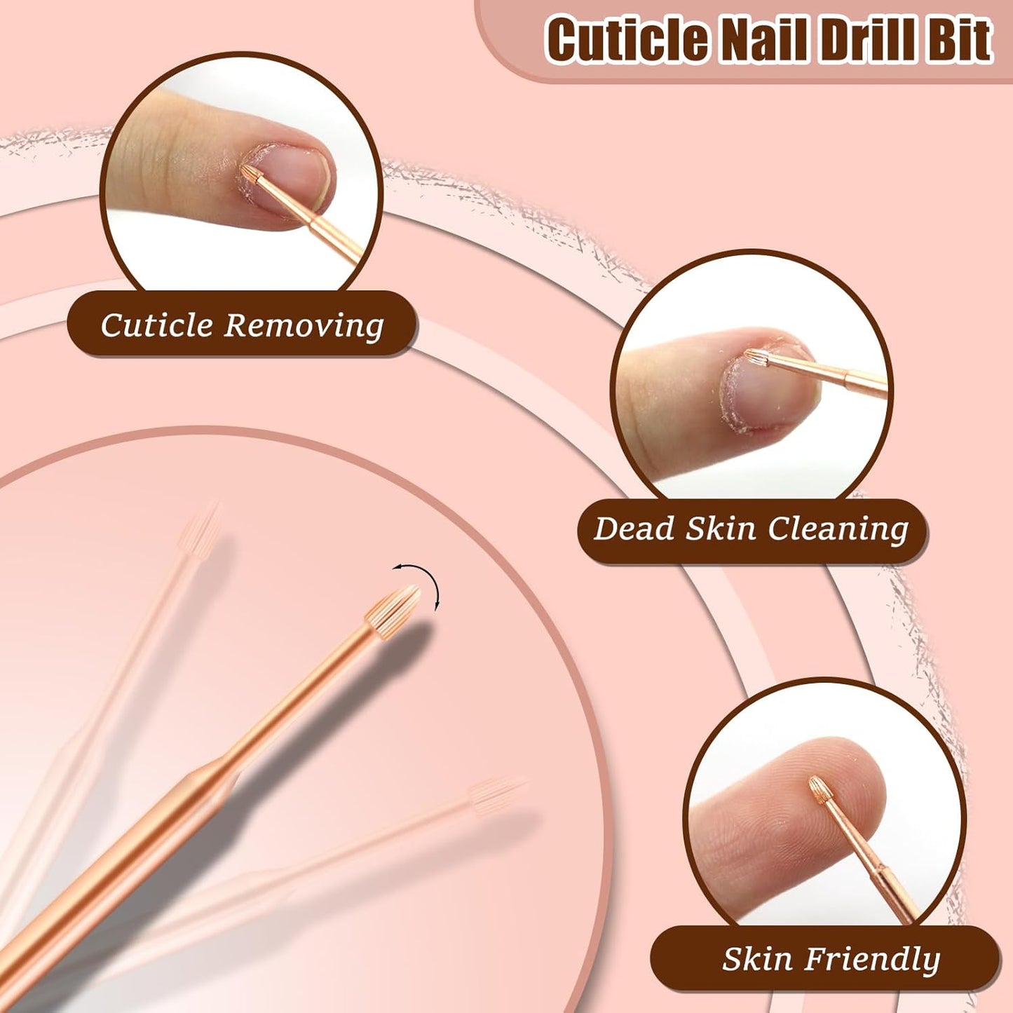 Cuticle Clean Nail Drill Bit 3/32'', Safety Drill Bits for Nails, Professional Carbide Nail Cleaner Nail Bit for Cuticle Dead Skin Nail Prepare, Nail Care Tool for Nail Tech (Rose Gold, Fine)
