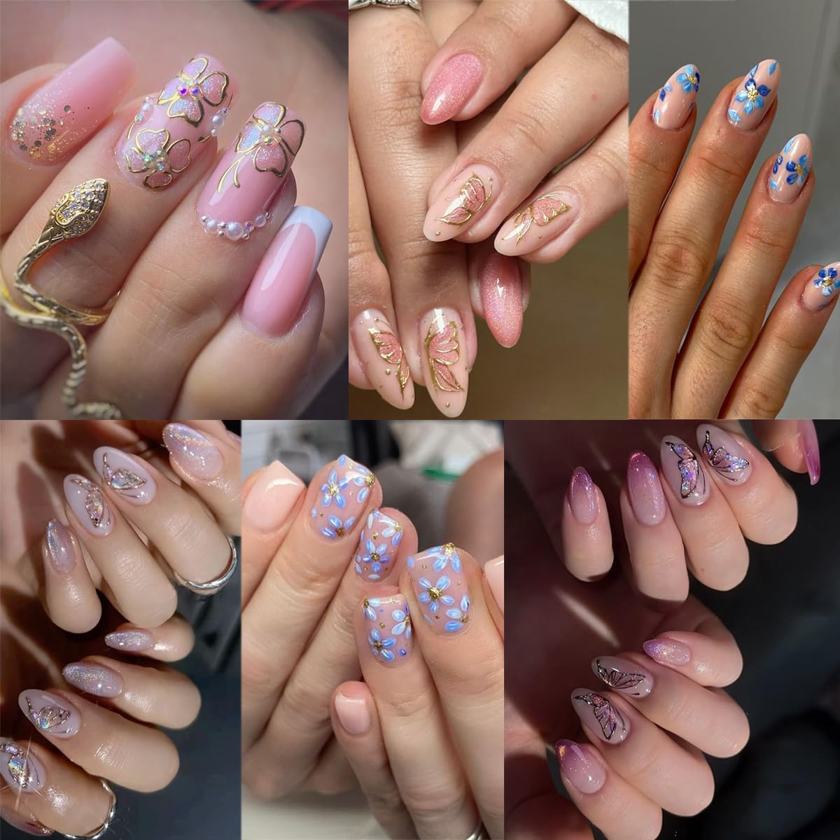 6 Sheets Spring Flower Nail Decals for Nail Art Gold Pink Butterfly Nail Stickers 3D Blue Flowers Nail Decals Self-Adhesive Summer Butterfly Nail Supplies for Women Girls DIY Nails Designs
