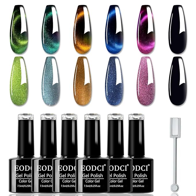 9D Cat Eye Gel Nail Polish, 7.5ml*6 with Magnets Stick, Galaxy Chameleon Effect Silky Cat Eye Nail Gel Soak Off Nail Art Salon Manicure Home Ladies Gift