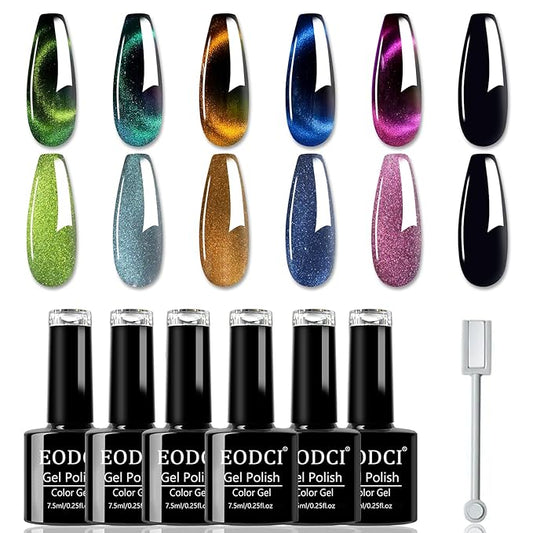 9D Cat Eye Gel Nail Polish, 7.5ml*6 with Magnets Stick, Galaxy Chameleon Effect Silky Cat Eye Nail Gel Soak Off Nail Art Salon Manicure Home Ladies Gift