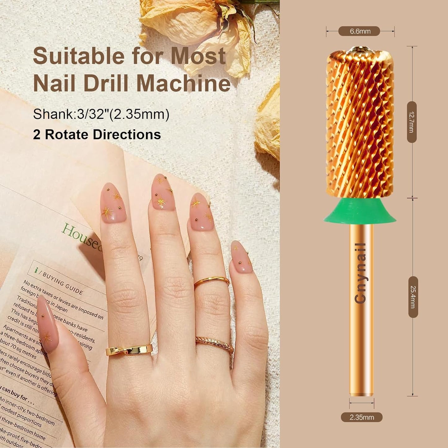 3/32" Large Barrel Crystal Top Tungsten Carbide Nail Drill Bit Safety Bit for Gel & Acrylic Removal, 2-Way Rotating Efile Tip, Salon Electric File Accessory (C Grit, Ti-Gold)