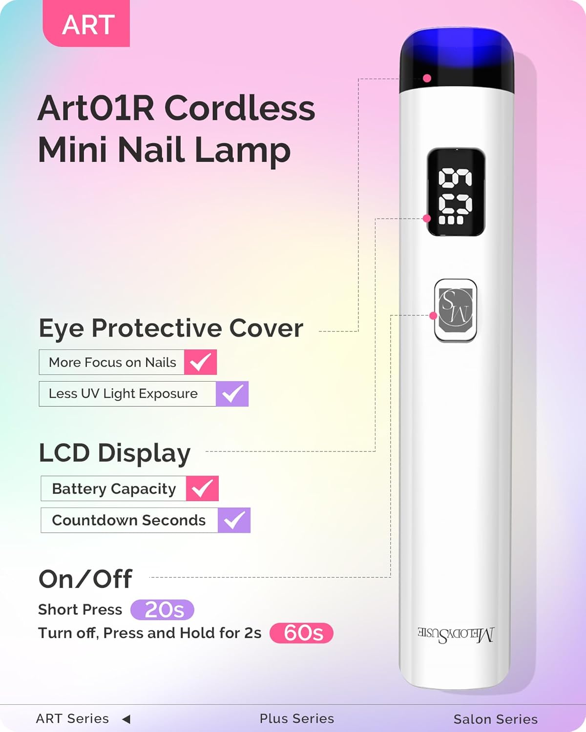 MelodySusie Handheld UV Light for Gel Nails and Nail Rhinestone Glue, ART01R Cordless Gel X Nail Lamp Rechargeable with LCD Display Flash Cure Nail Dryer for Nail Art Design Decoration DIY at Home